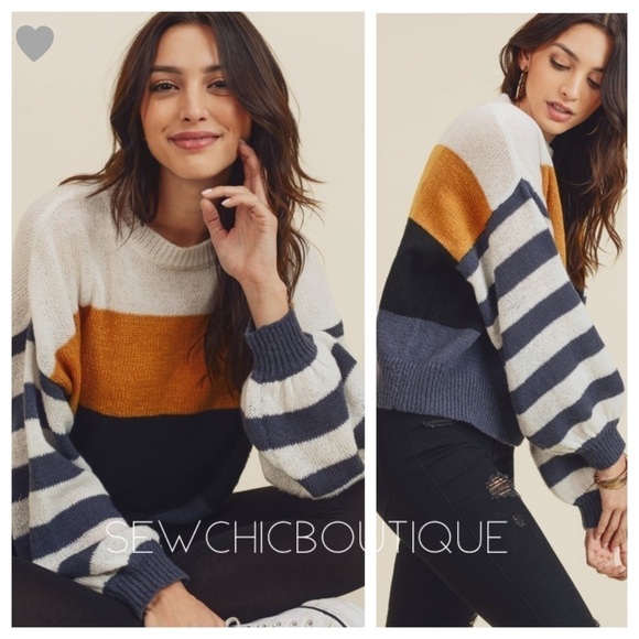 Color Block Sweater with Balloon Sleeves - Picture 4 of 5